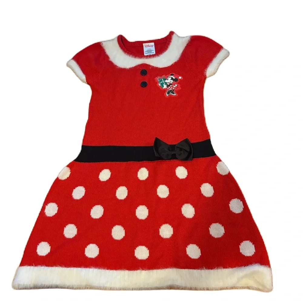 Disney Minnie Mouse Christmas Fuzzy Dress Sz Medium 7/8 Polka Dot Red Black